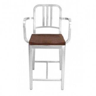 Eco Friendly Restaurant Breakroom Furniture Navy Aluminum Counter Stool with Arms and Natural Wood Seat