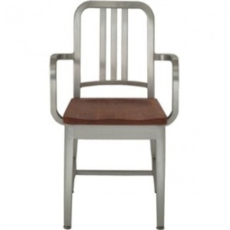 Navy Aluminum Arm Chair with Natural Wood Seat