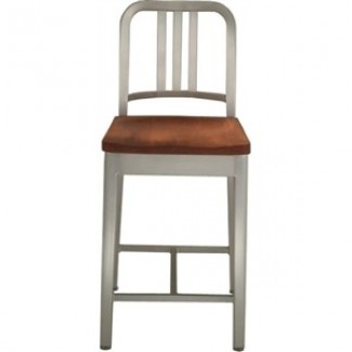 Navy Aluminum Counter Stool with Natural Wood Seat