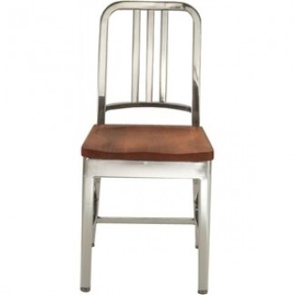 Navy Aluminum Side Chair with Natural Wood Seat