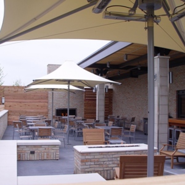 Mediterranean arm chair and heated shade collection for restaurants