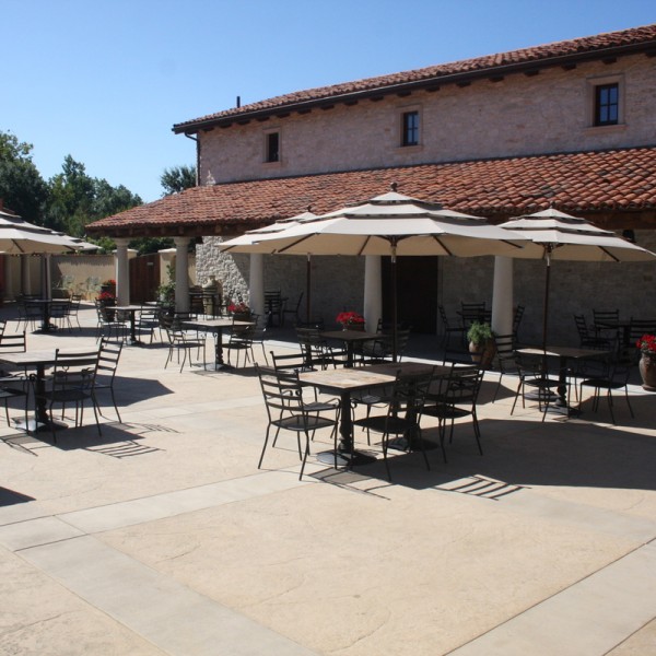 Outdoor tables and chairs, and patio umbrellas