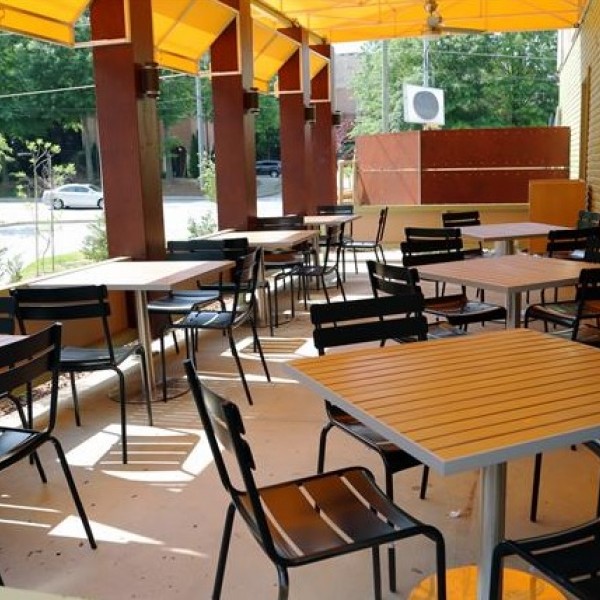 Bistro Metal Seating And Faux Teak Restaurant Table Top 