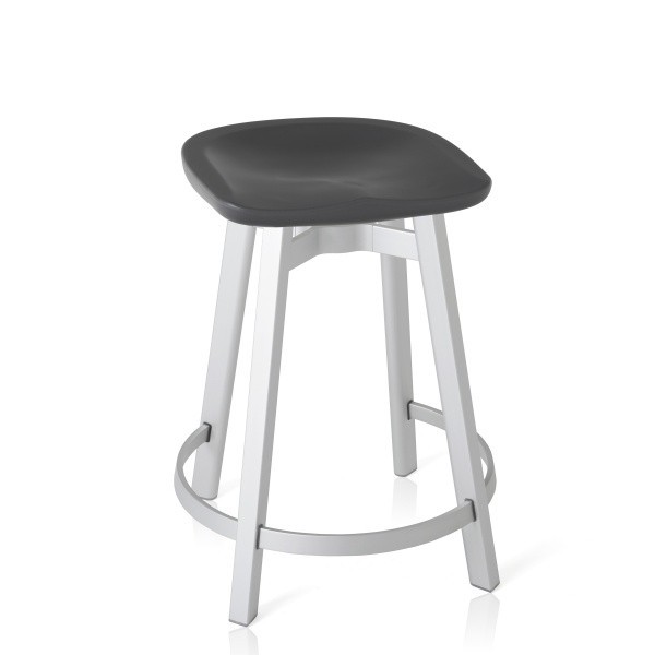 Eco Friendly Indoor Restaurant Furniture Emeco SU Series Counter Stool - Recycled Polyethylene Seat - Natural Anodized Charcoal