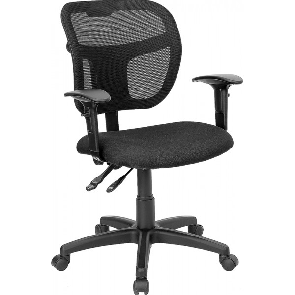 Mid-Back Mesh Swivel Task Chair with Black Fabric Padded Seat and Height Adjustable Arms