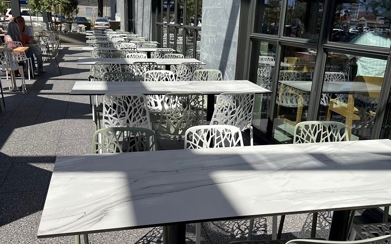 Our Outdoor HPL Compact Tops in Faux Carrara Marble 